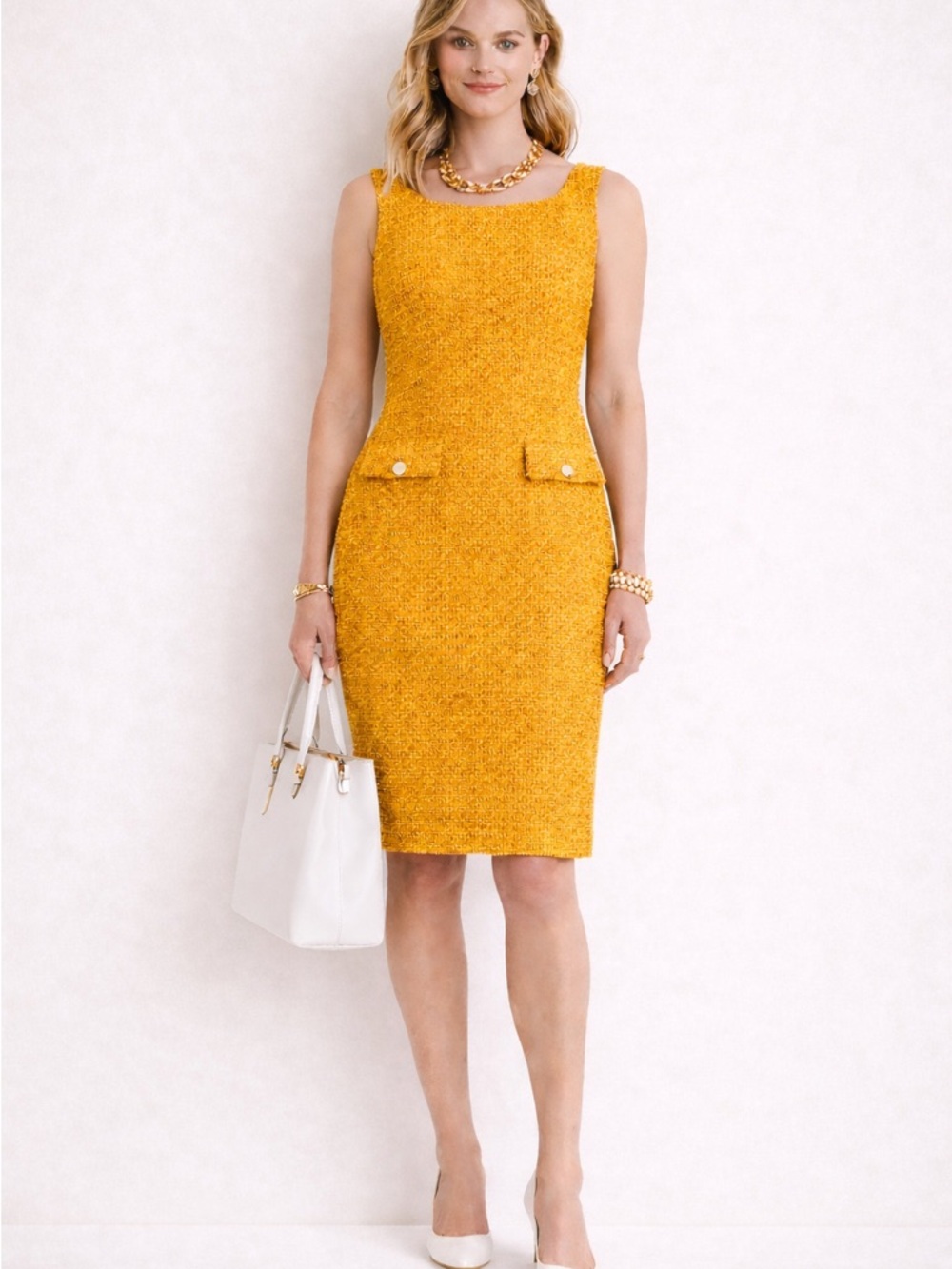 Sleeveless Textured Sheath Dress in Golden Yellow